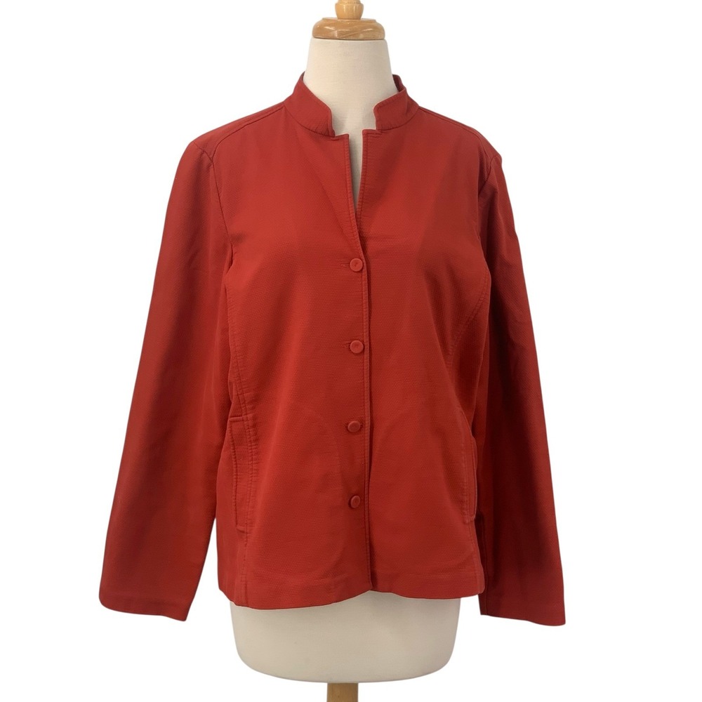 Eileen Fisher Jacket Blazer Textured‎ Button Front Mandarin Collar Brick Red L